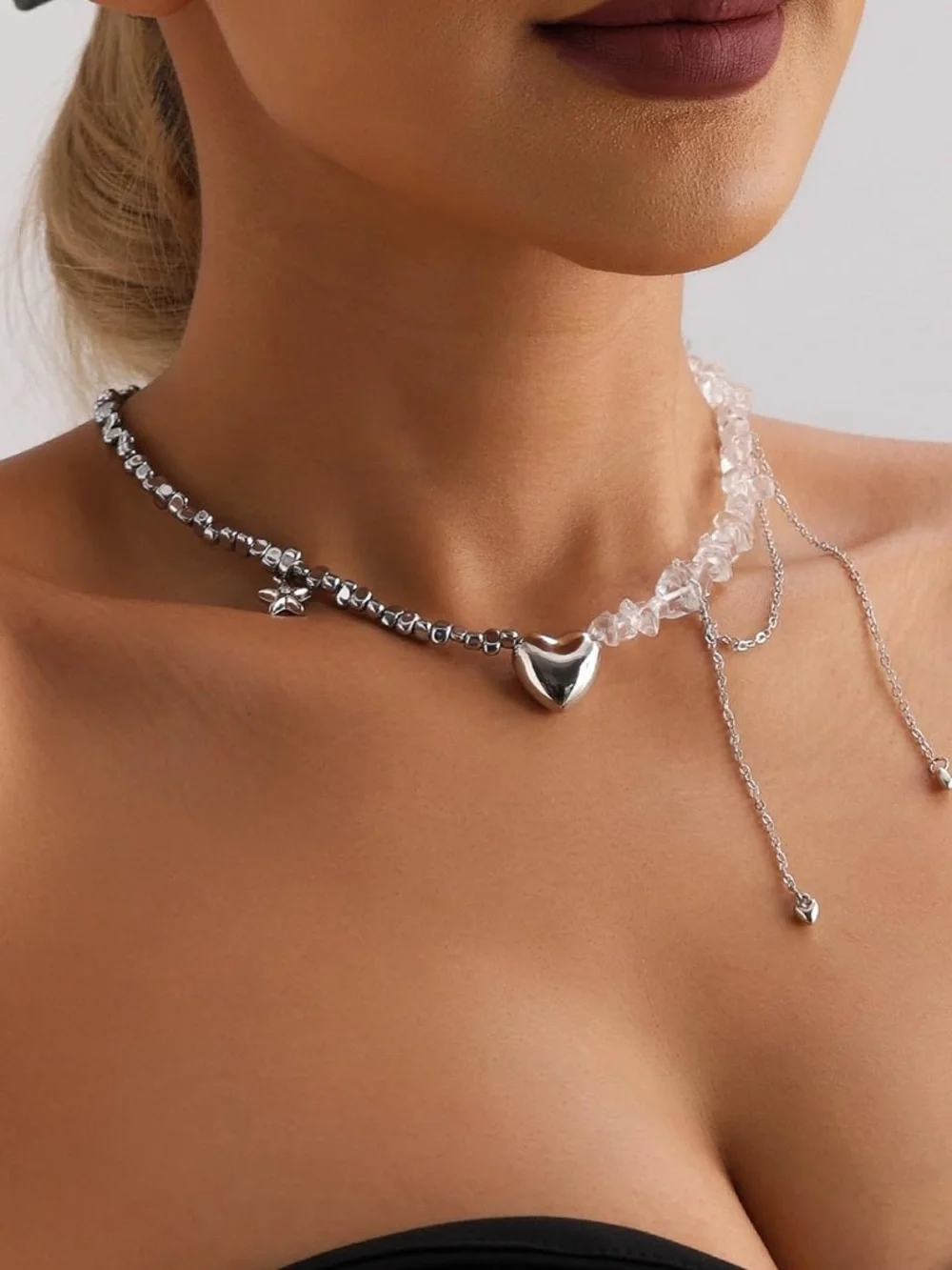 Anthropologie Silver Heart & Clear Bead Layered Necklace